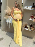 Momyknows Mesh Ruched Draped Halter Neck Backless Maternity Maxi Dress