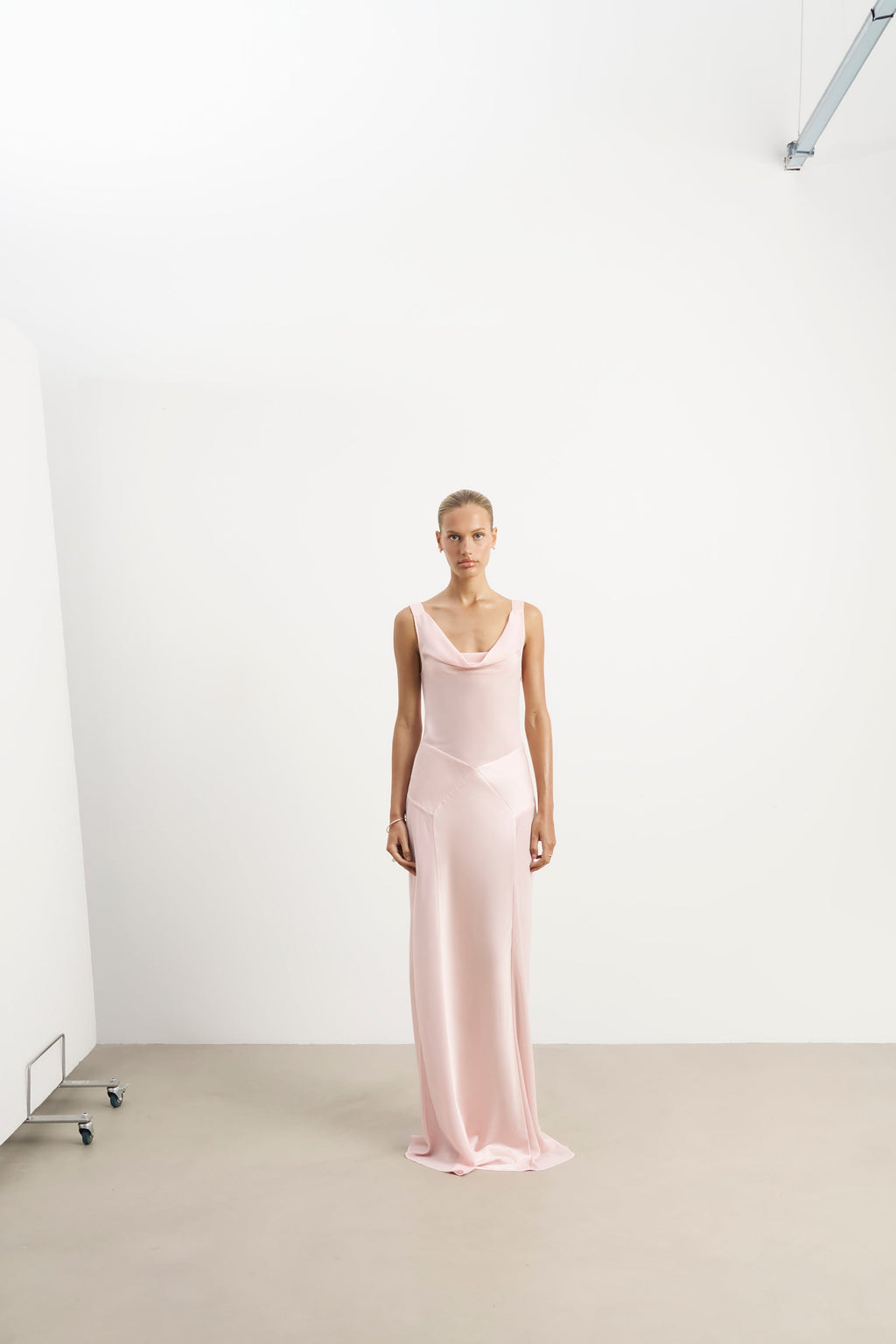 Sheer Chiffon Cowl Neck Satin Panel Gown - Blush