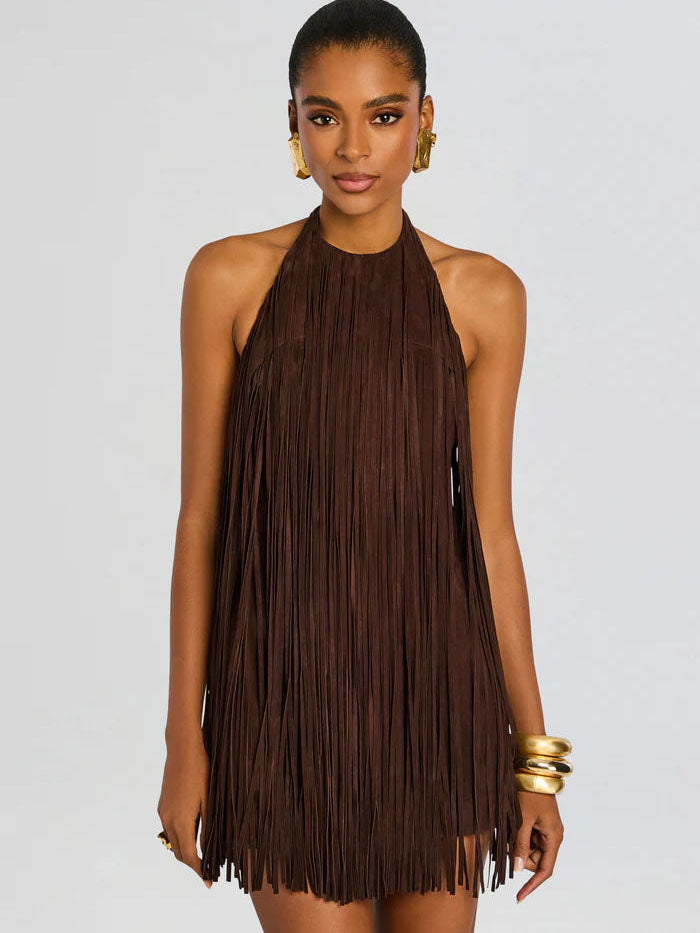 Halter-Style Tassels Faux Suede Mini Dress