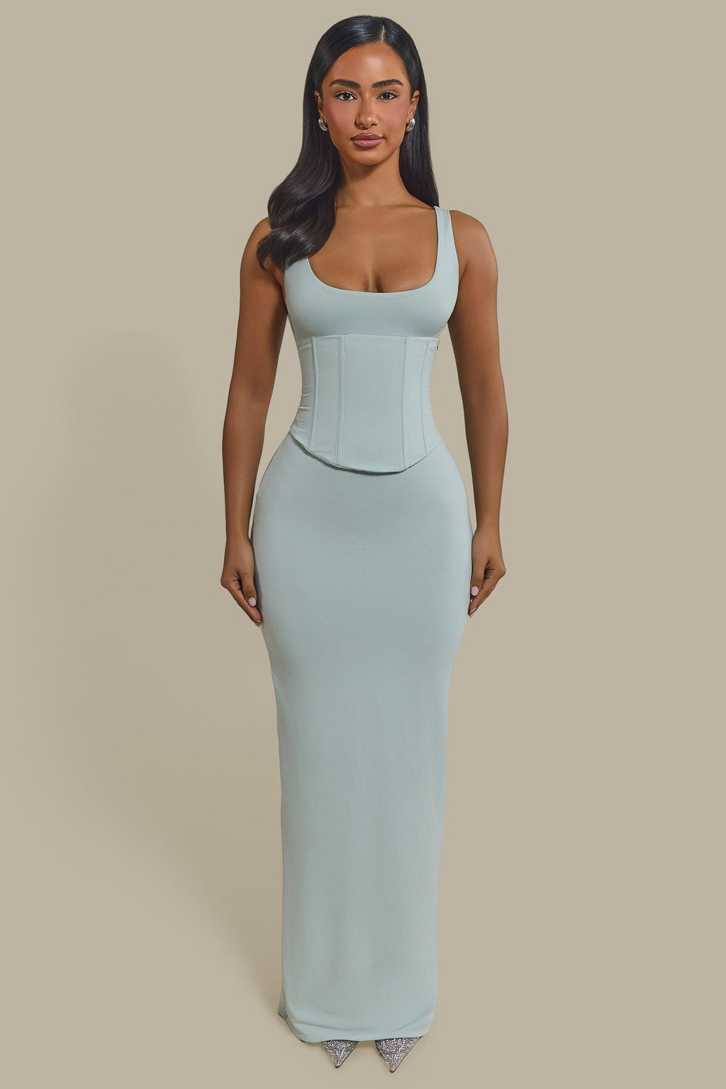 The Sandra Scoop Corset Maxi Dress in Light Blue
