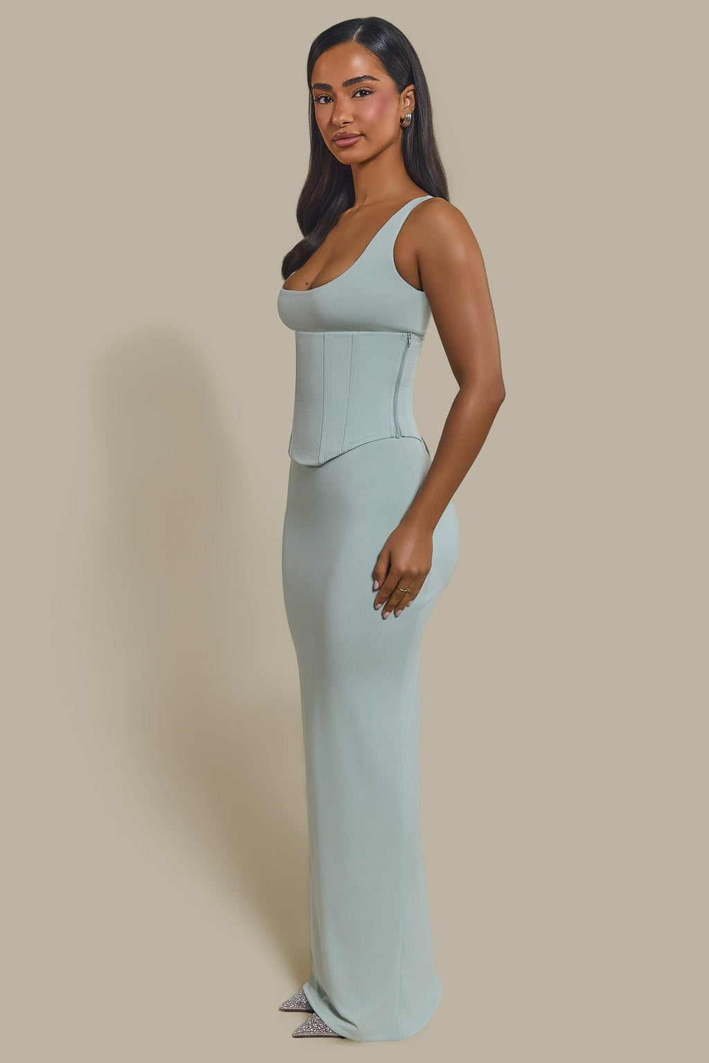 The Sandra Scoop Corset Maxi Dress in Light Blue