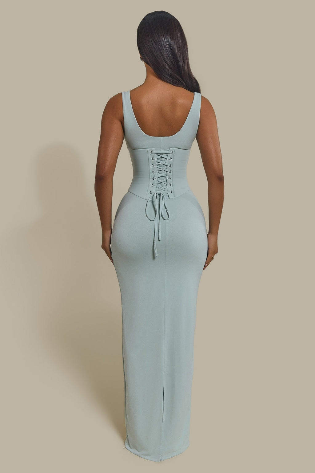 The Sandra Scoop Corset Maxi Dress in Light Blue
