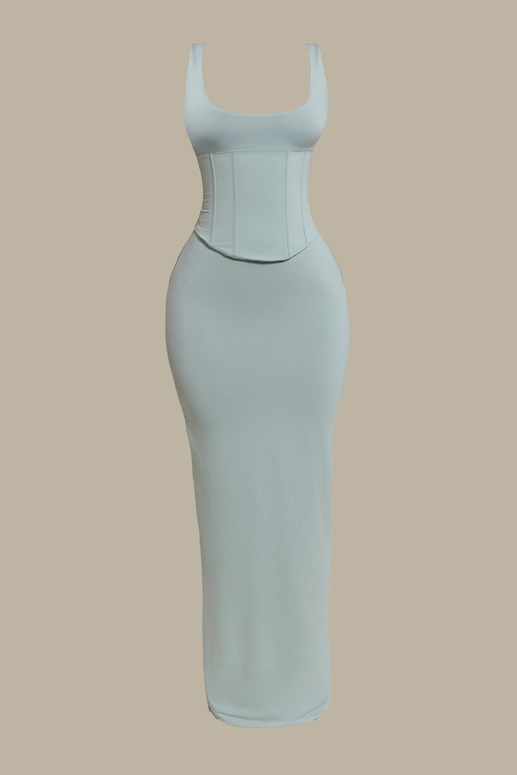 The Sandra Scoop Corset Maxi Dress in Light Blue