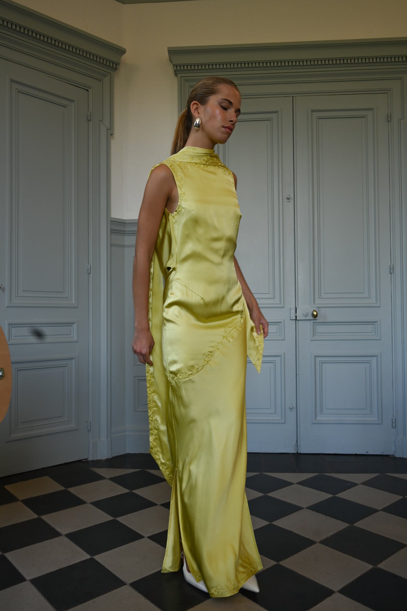 Yellow the Label Nina Silk Dress Chartreuse - Close-Up Shot