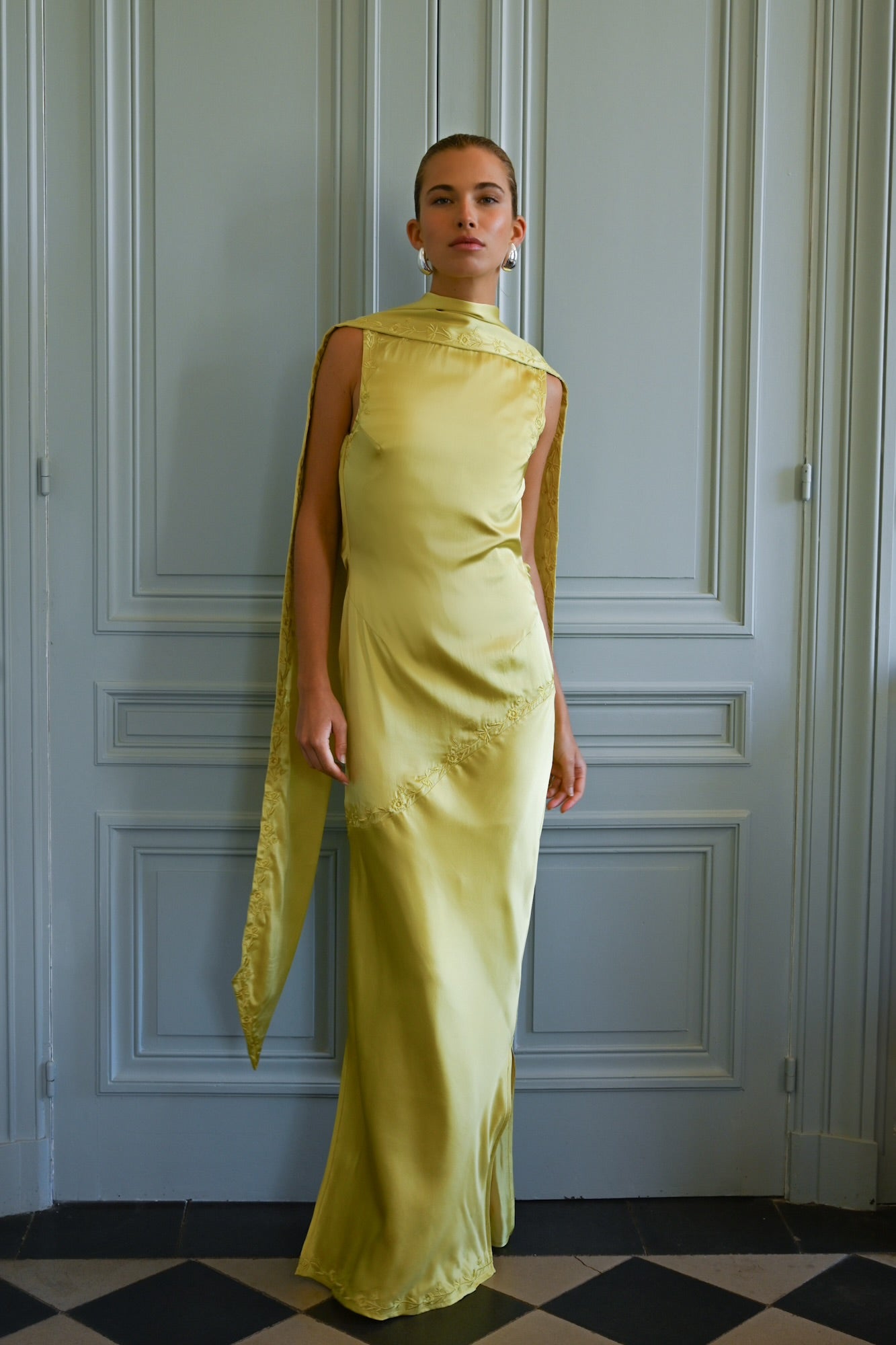 Yellow the Label Nina Silk Dress Chartreuse - Front View on Model
