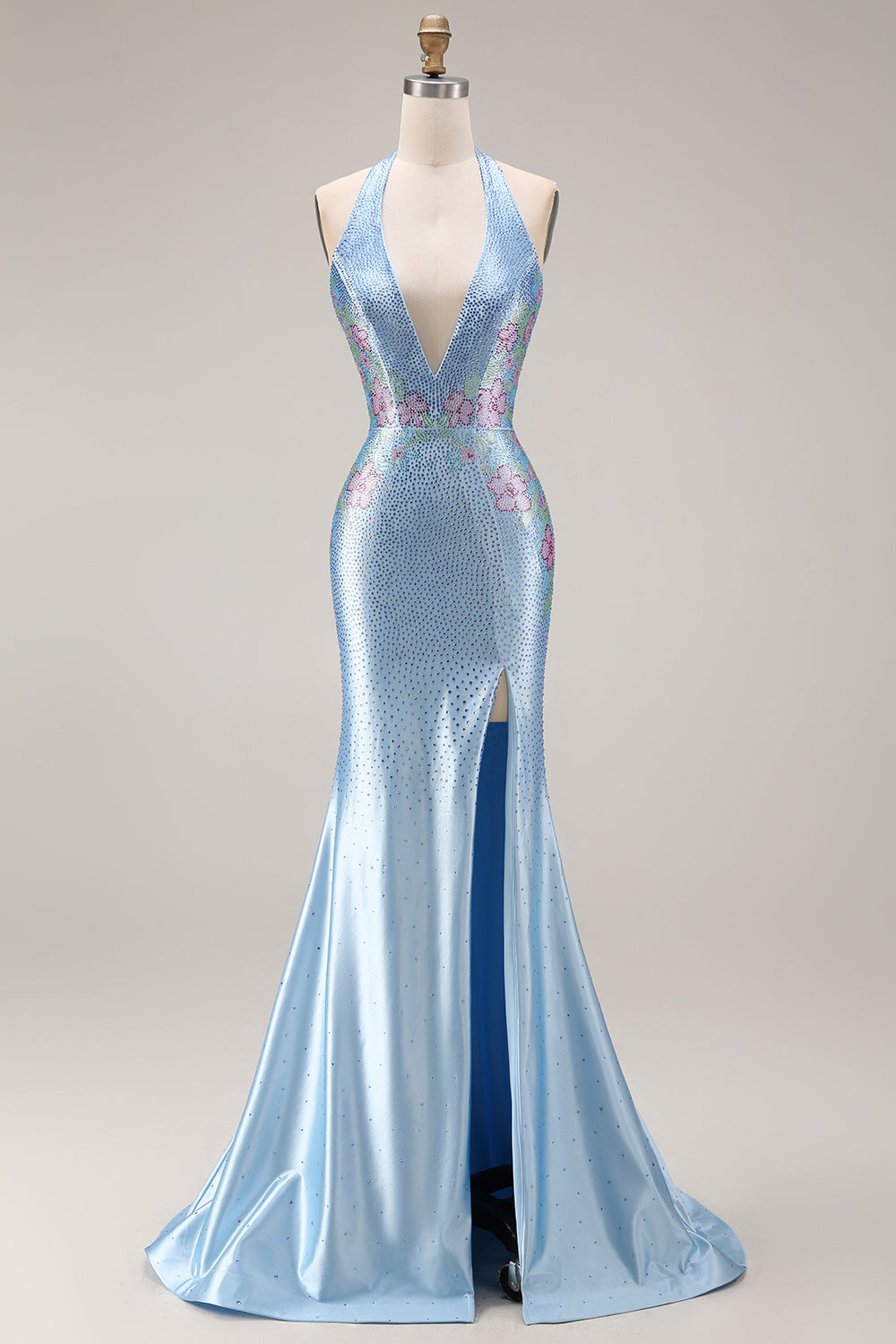 Glitzerndes Hellblaues Satin Meerjungfrauen Langes V-Ausschnitt Ballkleid mit Perlen