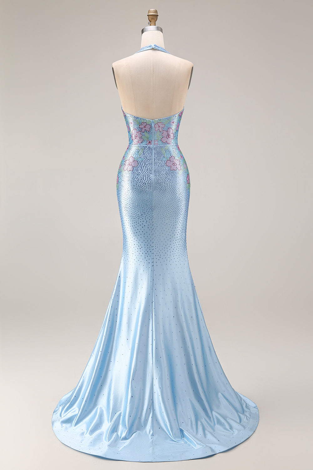 Glitzerndes Hellblaues Satin Meerjungfrauen Langes V-Ausschnitt Ballkleid mit Perlen