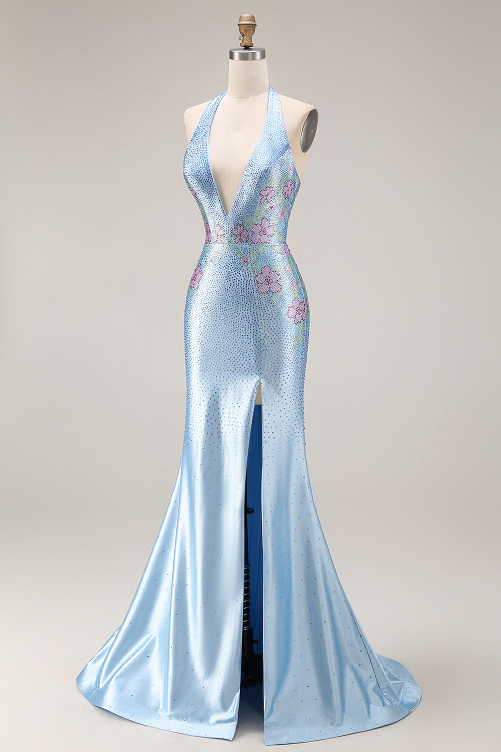 Glitzerndes Hellblaues Satin Meerjungfrauen Langes V-Ausschnitt Ballkleid mit Perlen