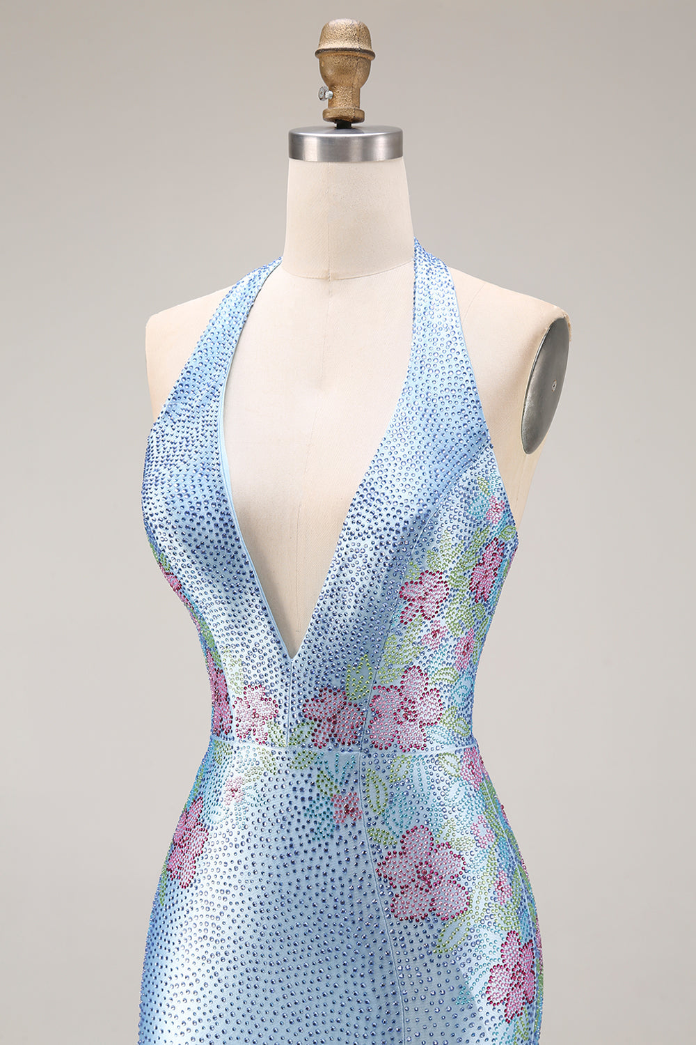 Glitzerndes Hellblaues Satin Meerjungfrauen Langes V-Ausschnitt Ballkleid mit Perlen