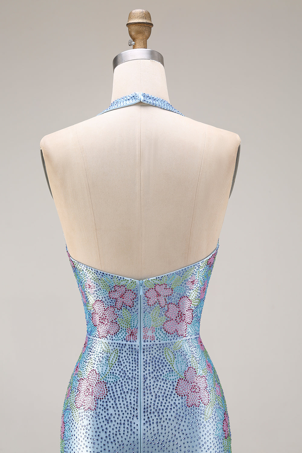 Glitzerndes Hellblaues Satin Meerjungfrauen Langes V-Ausschnitt Ballkleid mit Perlen
