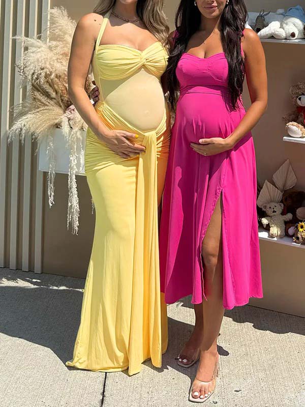 Momyknows Mesh Ruched Draped Halter Neck Backless Maternity Maxi Dress