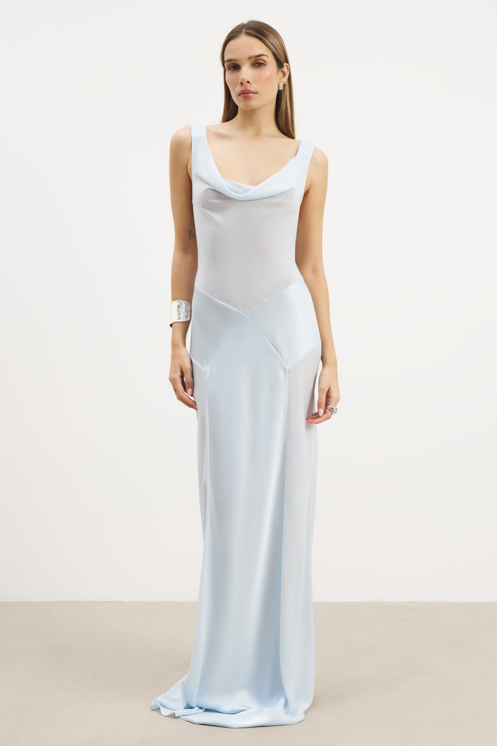 Sheer Chiffon Cowl Neck Satin Panel Gown - Powder Blue