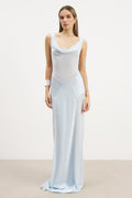 Sheer Chiffon Cowl Neck Satin Panel Gown - Powder Blue
