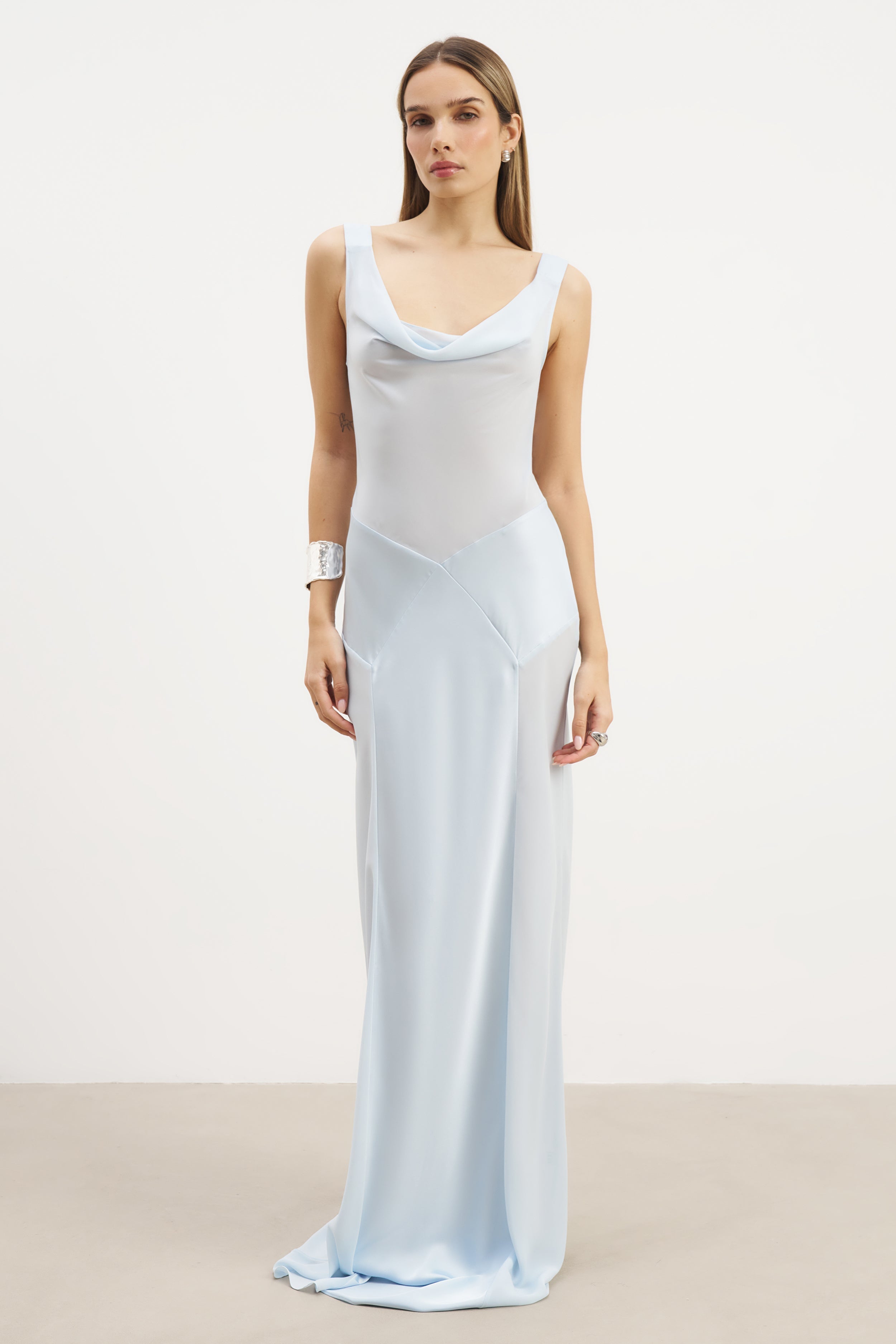 Sheer Chiffon Cowl Neck Satin Panel Gown - Powder Blue