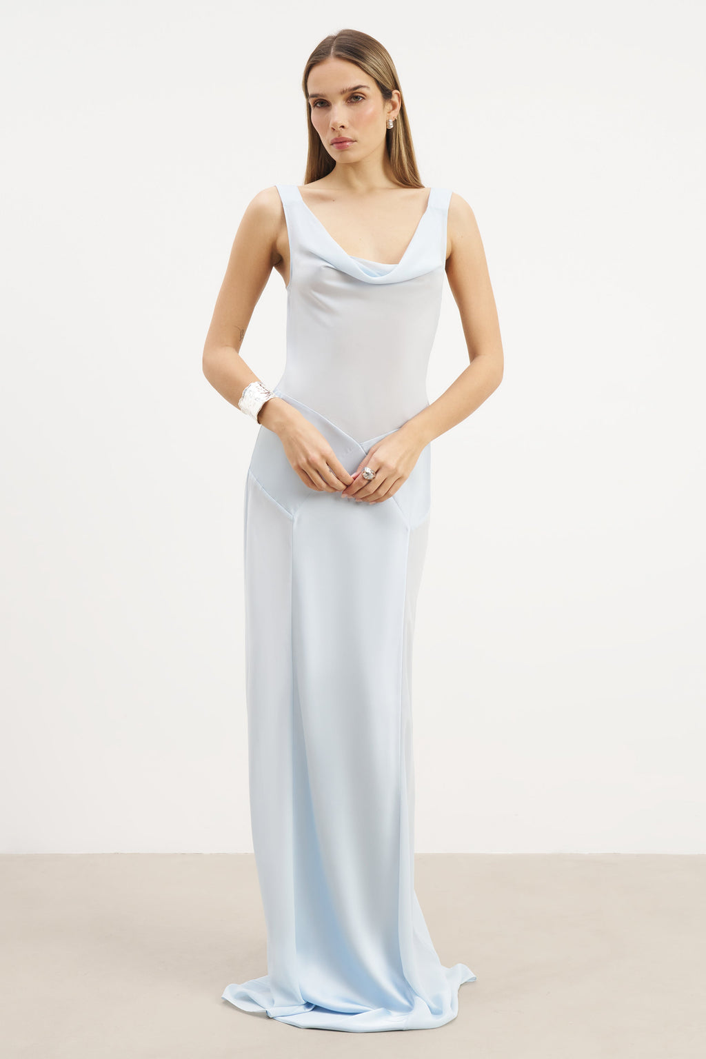 Sheer Chiffon Cowl Neck Satin Panel Gown - Powder Blue