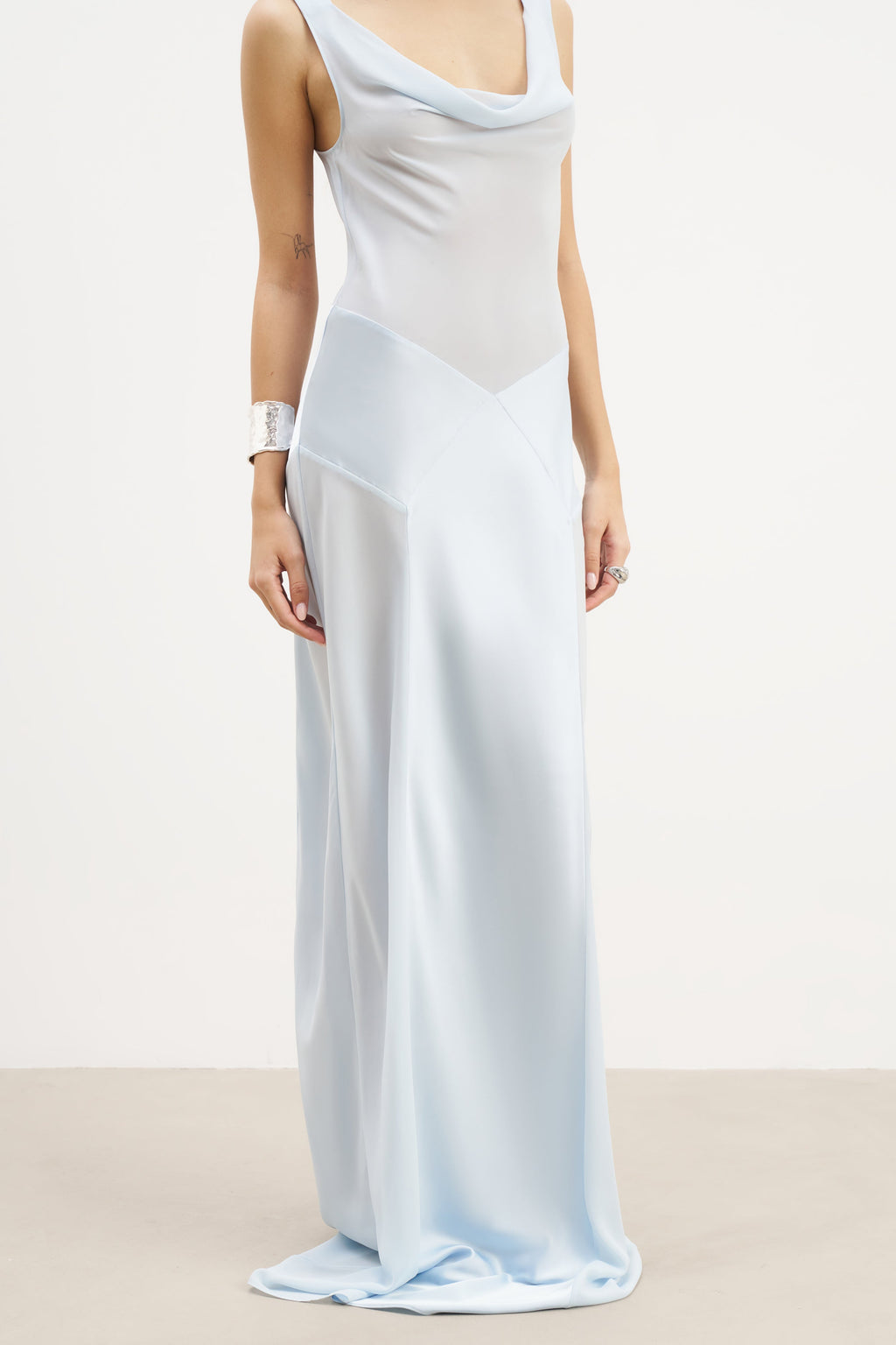 Sheer Chiffon Cowl Neck Satin Panel Gown - Powder Blue