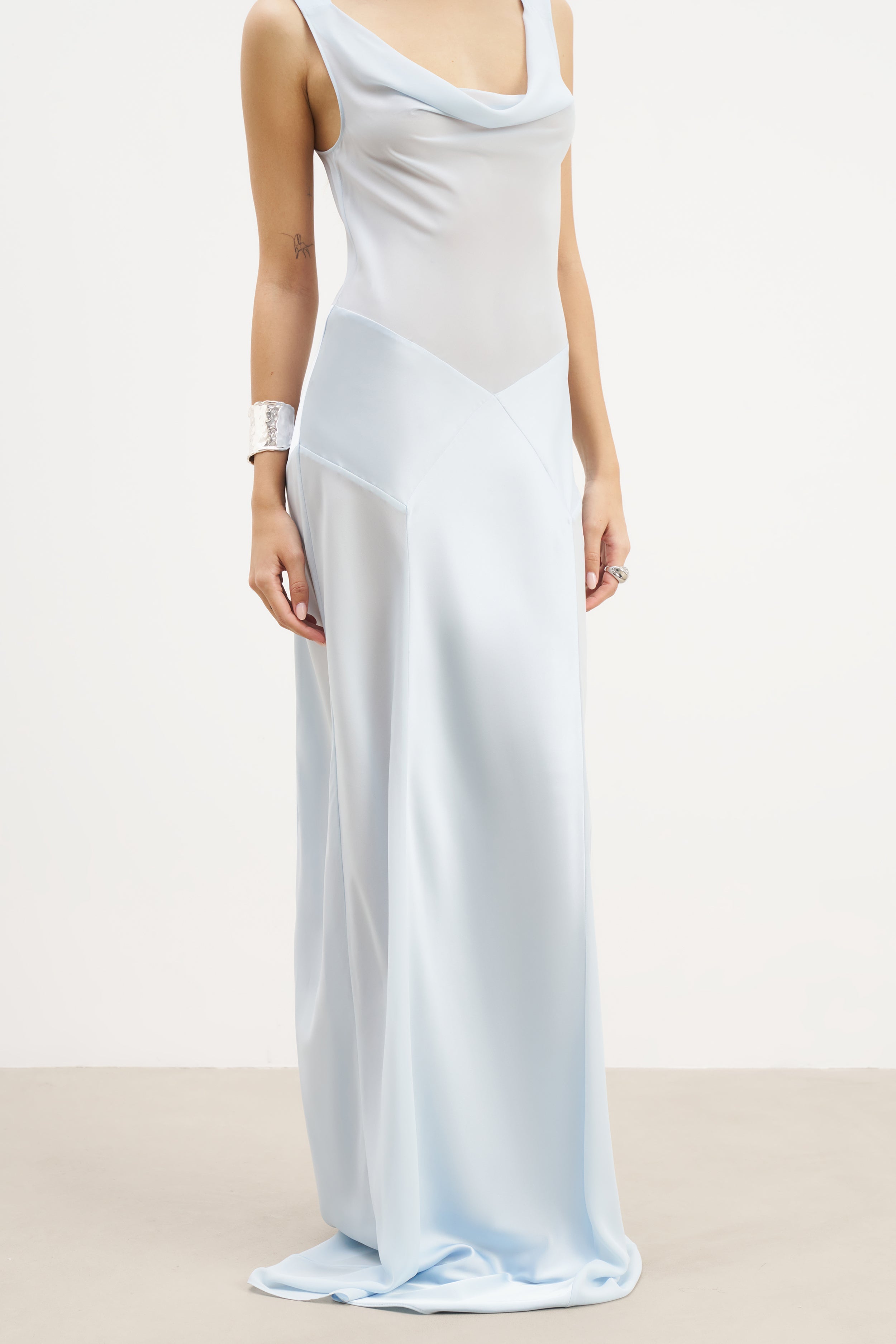 Sheer Chiffon Cowl Neck Satin Panel Gown - Powder Blue
