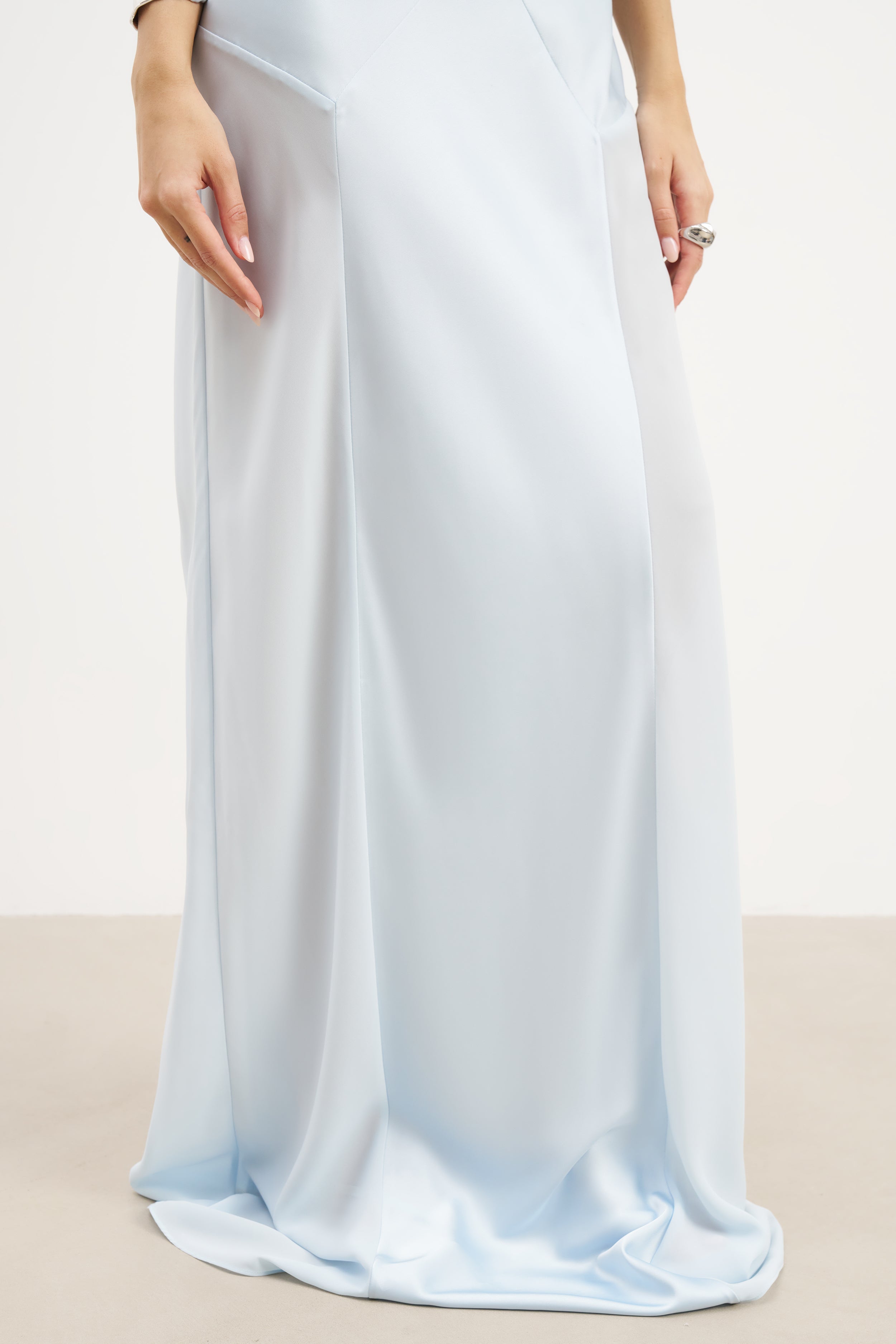Sheer Chiffon Cowl Neck Satin Panel Gown - Powder Blue