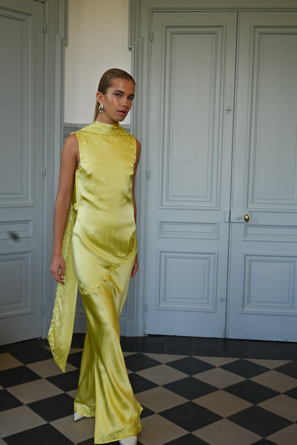Yellow the Label Nina Silk Dress Chartreuse - Full Length Shot