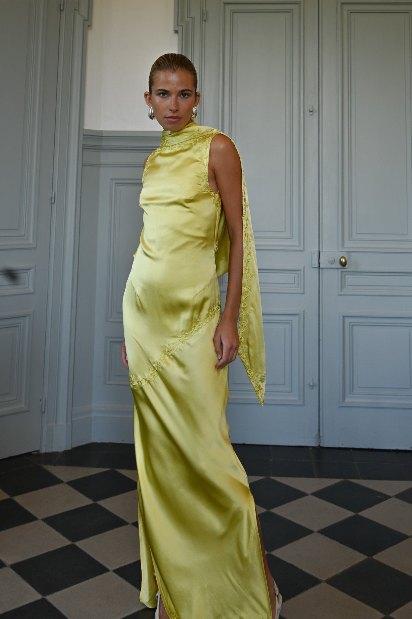 Yellow the Label Nina Silk Dress Chartreuse - Model Outdoor Shot