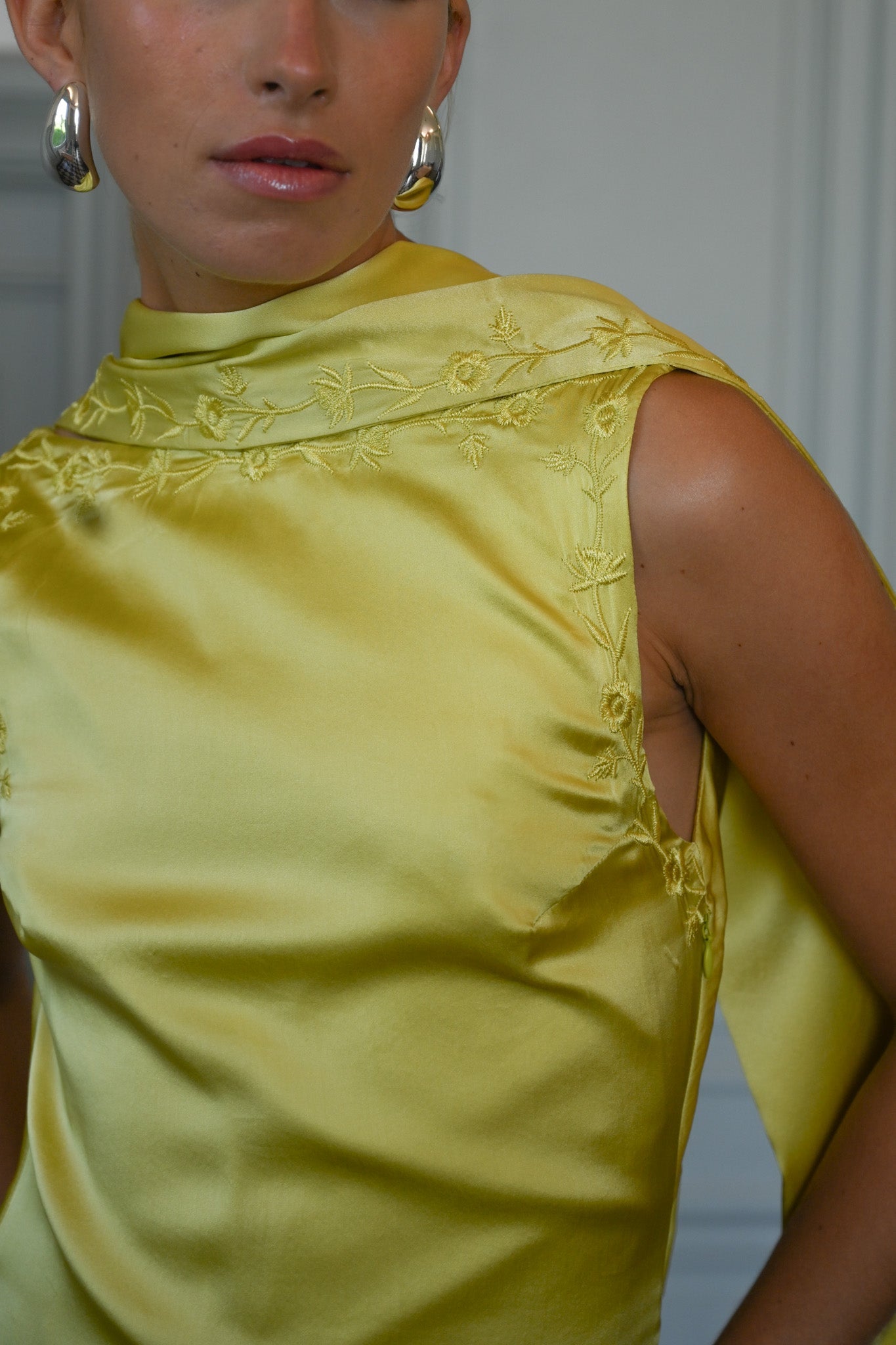 Yellow the Label Nina Silk Dress Chartreuse - Side View on Model