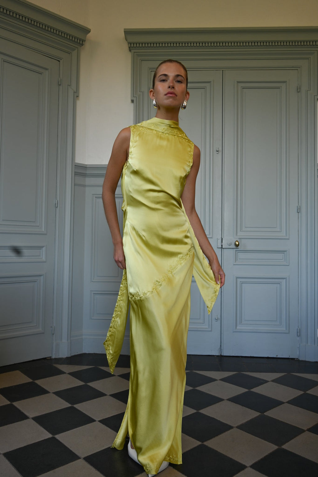Yellow the Label Nina Silk Dress Chartreuse - Walking Shot