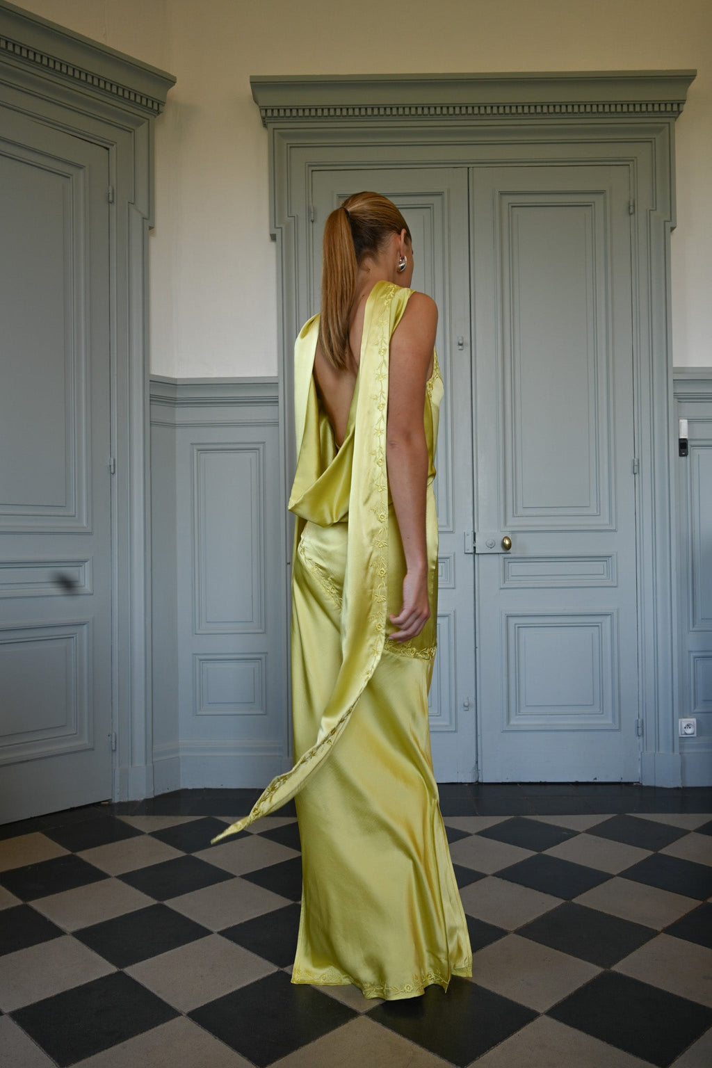 Yellow the Label Nina Silk Dress Chartreuse - Back View on Model