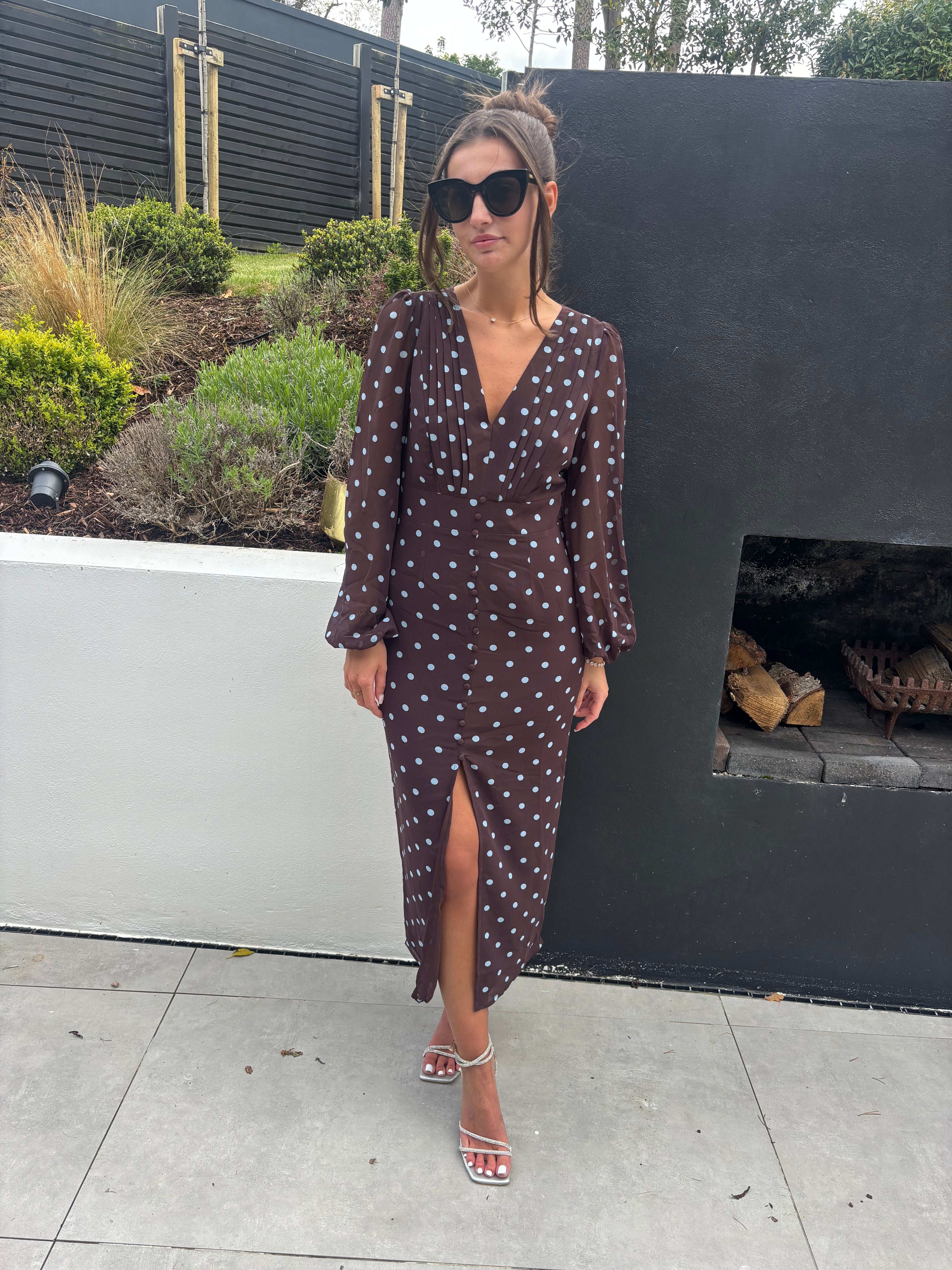 MIMI DRESS BROWN AND BLUE POLKA DOT PRE ORDER FOR W/C 8TH JUNE