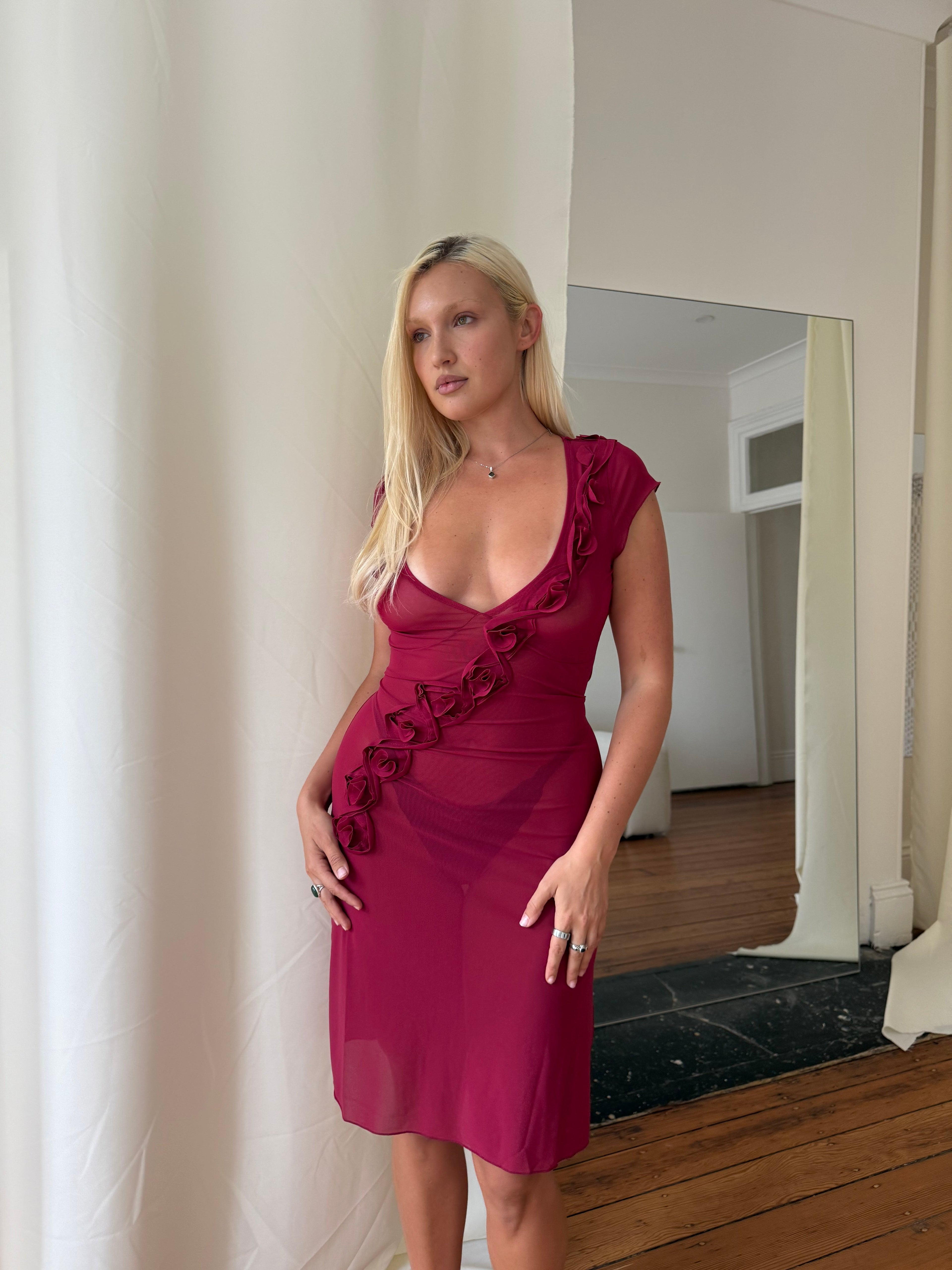 Rosette Midi Dress - Wine