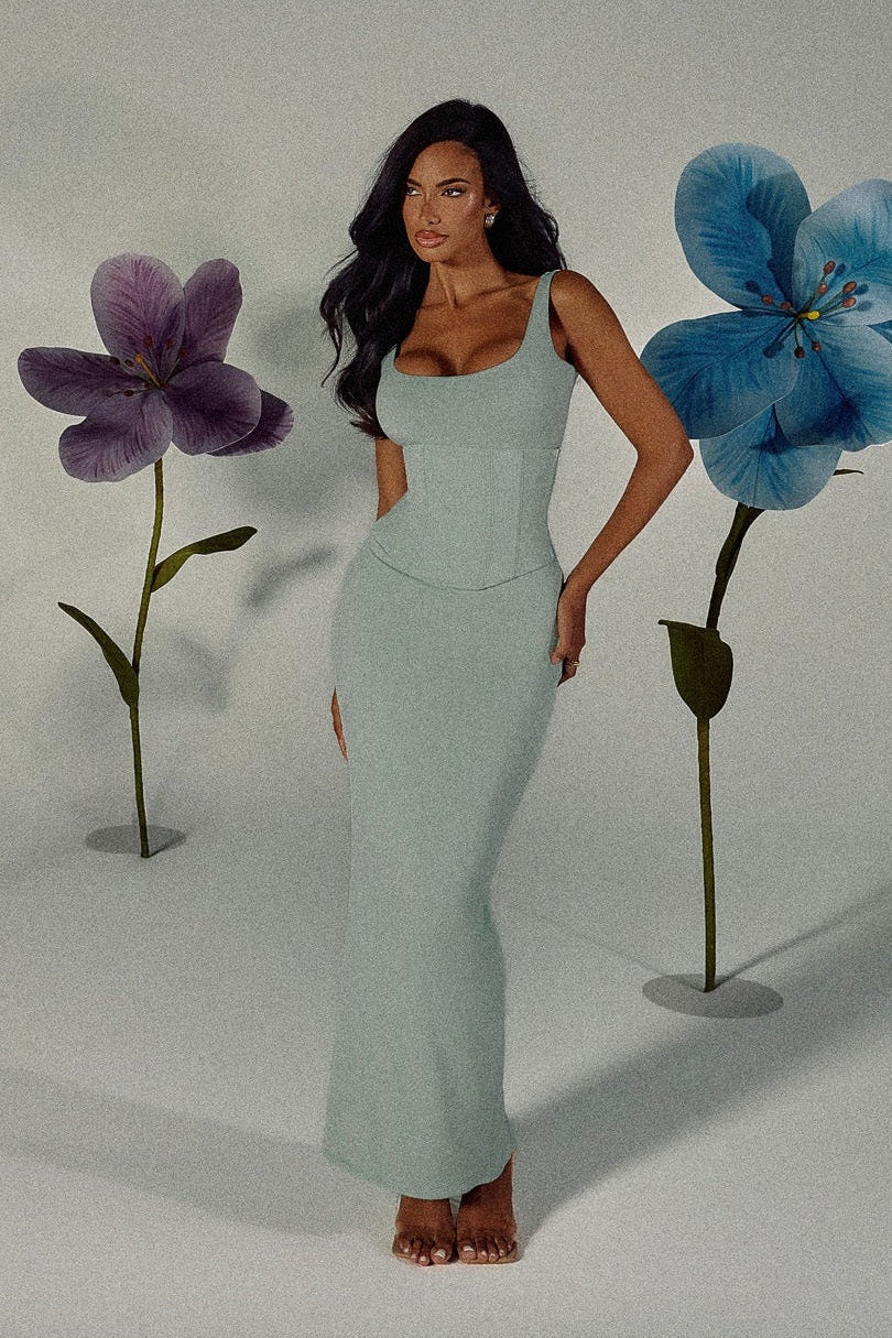 The Sandra Scoop Corset Maxi Dress in Light Blue
