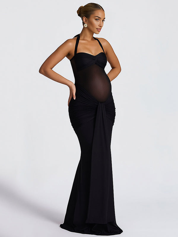 Momyknows Mesh Ruched Draped Halter Neck Backless Maternity Maxi Dress