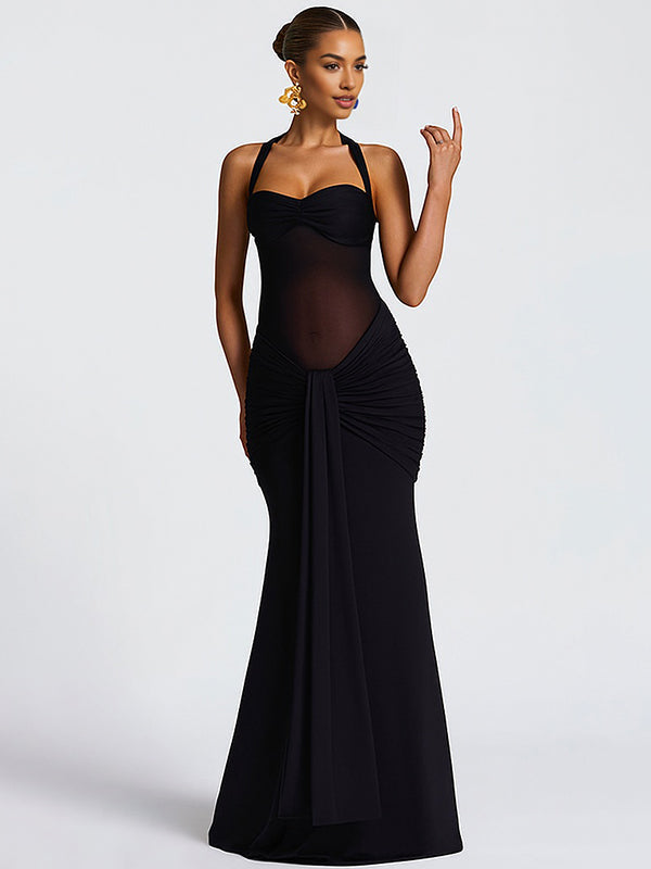 Momyknows Mesh Ruched Draped Halter Neck Backless Maternity Maxi Dress