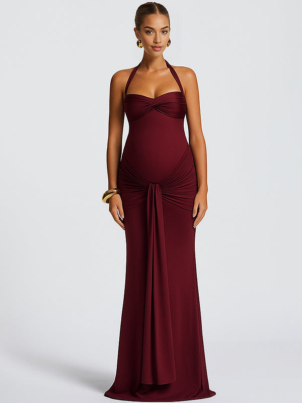 Momyknows Mesh Ruched Draped Halter Neck Backless Maternity Maxi Dress