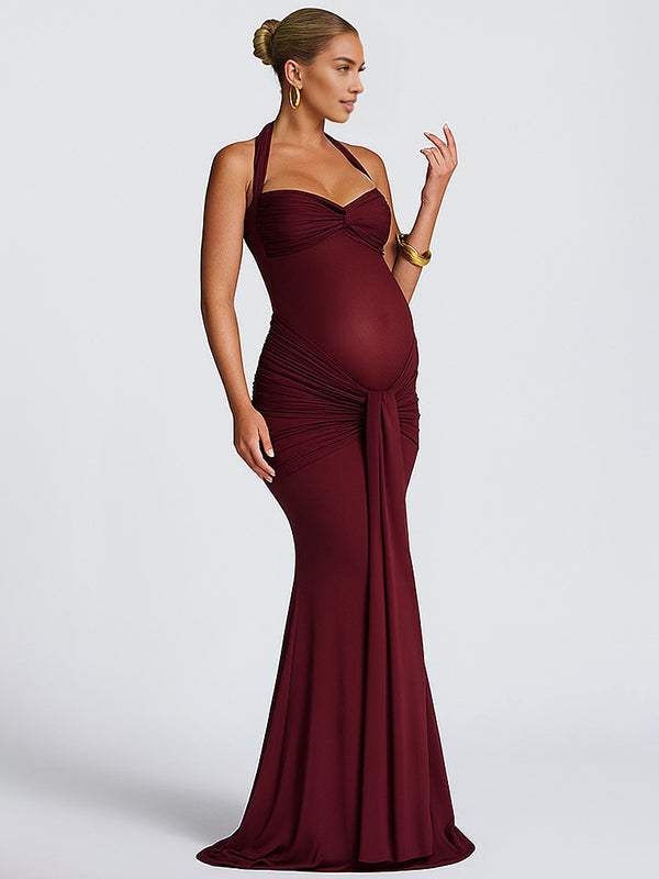 Momyknows Mesh Ruched Draped Halter Neck Backless Maternity Maxi Dress