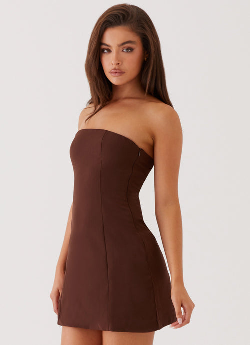 Womens Ayanna Strapless Mini Dress in the colour Chocolate in front of a light grey background