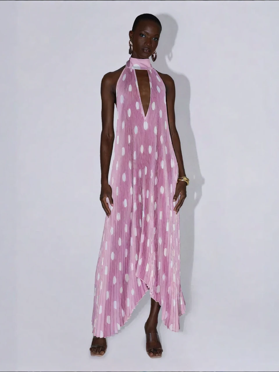 Pink Polka Pleated Halter Gown
