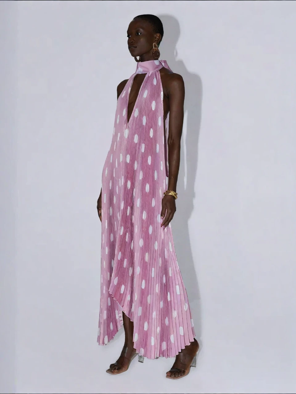 Pink Polka Pleated Halter Gown